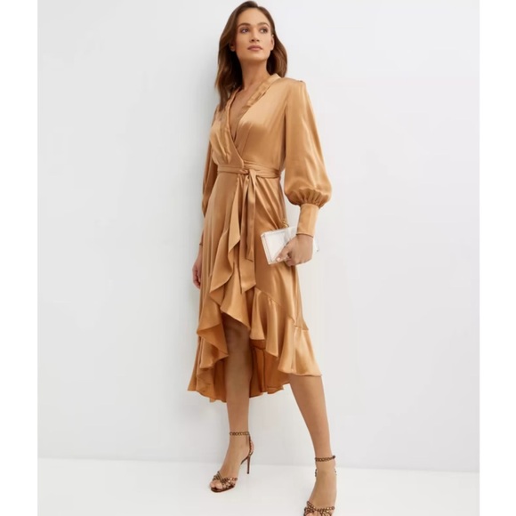 Zimmermann Bronze Golden V-Neck 100% Silk Wrap Tie Ruffle Midi Dress 1 XS/S  - www.toquedesaborminas.com.br